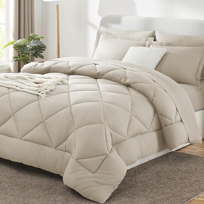 CozyLux California King Comforter Set Oatmeal - Cal King Bed in a Bag 7 Pieces, Luxury Soft Bed Set for All Seasons, Bedding Set with Down Alternative Comforter, Sheets, Pillowcases & Shams