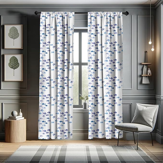 Ambesonne Animal Window Curtains, Little Fishes Watercolors Ocean Underwater Life Marine Theme Art, Lightweight Decor 2-Panel Set with Rod Pocket, Pair of - 28" x 63", Blue