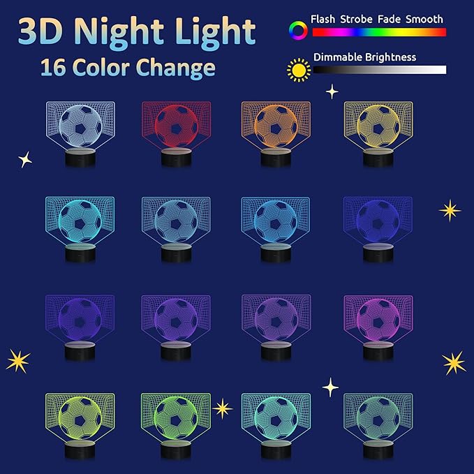 Attivolife 3D Illusion Soccer Night Light, Hologram Lamp with 16 Colors Changing & Remote Control & Dimmable, Cool Sports Theme Room Decor Birthday Christmas Gifts for Sport Lover Kid Teen Boy Men
