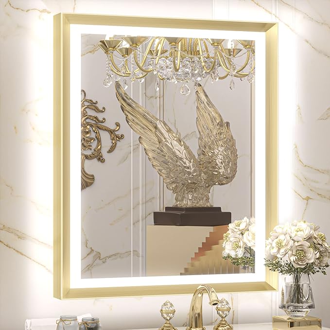 TETOTE Gold LED Bathroom Mirror with Lights 28x36 Frontlit & Backlit Vanity Framed Mirror Baroque Anti Fog Stepless Dimmable White/Warm/Natural,CRI90+,Waterproof,Wall Mounted(Horizontal/Vertical)