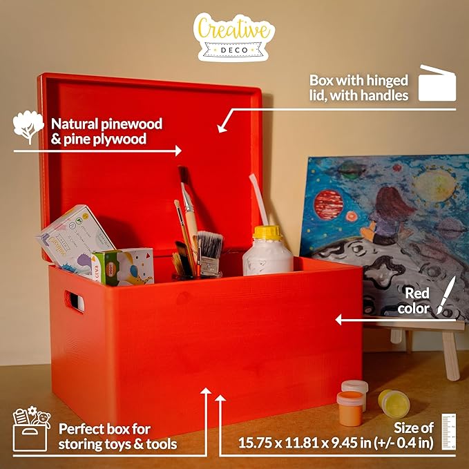 Large Red Wooden Box Storage with Hinged Lid | 15.8 x 11.8 x 9.44 inches (+-0.5) | with Handles | Gift Box Storage Document | Product NOT Intended for 15 Years OR Below