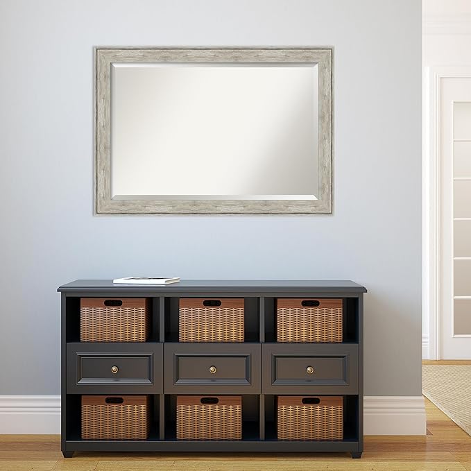 Amanti Art Silver Bathroom Mirror for Over Sink, 29x41 Crackled Metallic Rectangle Vanity Mirror, Large Country Rustic Frame, Hangs Horizonally and Vertically, Bathroom Wall Decor, Beveled Edge