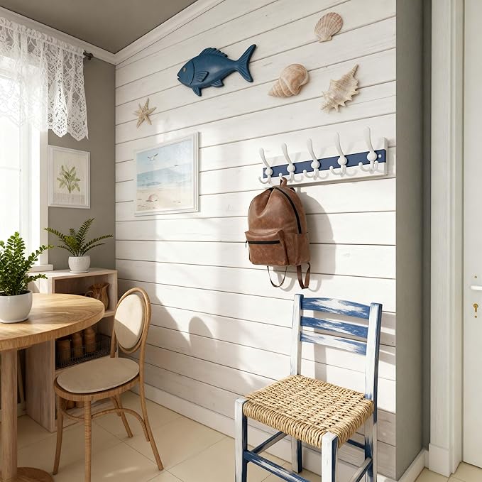 SKOLOO Coastal Wall Mounted Coat Rack - 17" Beach House Entryway Wooden Coat Hook with 5 Hooks for Hanging Coats, Hats or Towels, Oceanfront Cottage Core Collection, White & Blue, Pack of 2