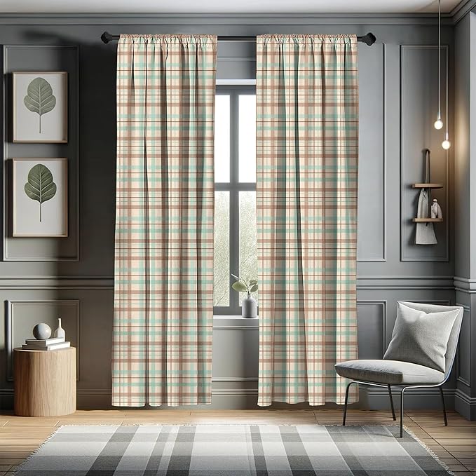 Ambesonne Plaid Window Curtains, Scottish Country Style Tartan with Abstract Design Diagonal Striped Lines, Lightweight Decor 2-Panel Set with Rod Pocket, Pair of - 28" x 84", Mint Green