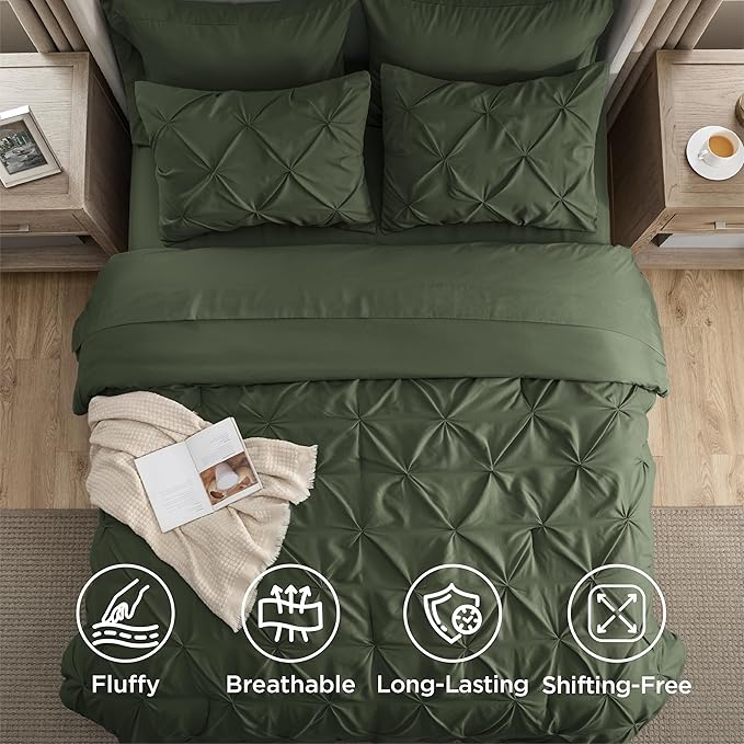 Bedsure King Size Comforter Set Olive Green - Bed in a Bag Bedding Set 7 Pieces, GentleSoft™ Pintuck Bed Set Gift for Family, Pinch Pleat Olive Green Comforter with Sheets, Pillowcases & Shams