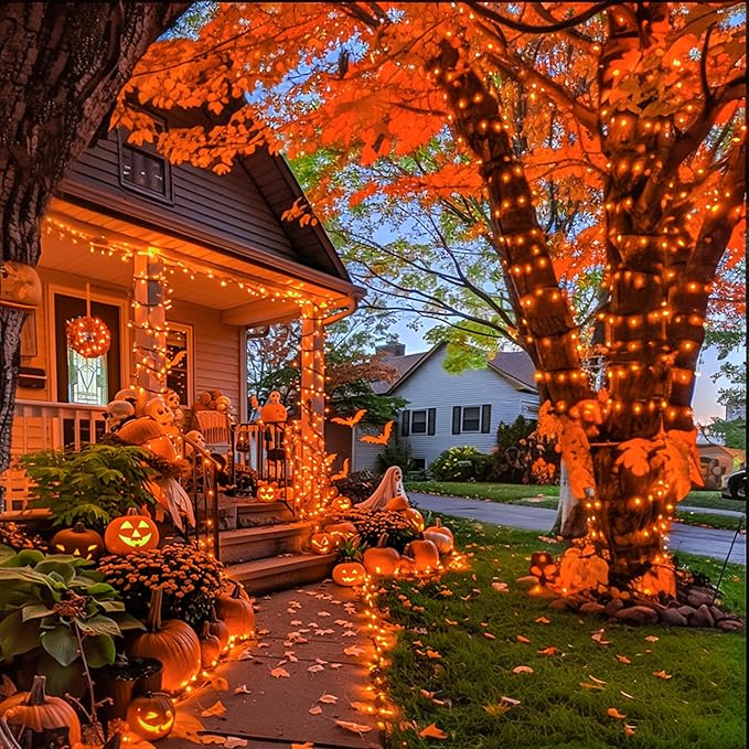 JMEXSUSS 250 LED Orange Lights for Halloween, 91.5ft Halloween Lights Indoor Outdoor Waterproof with 8 Modes, Connectable Orange String Lights for Yard Patio Party Holiday Decorations