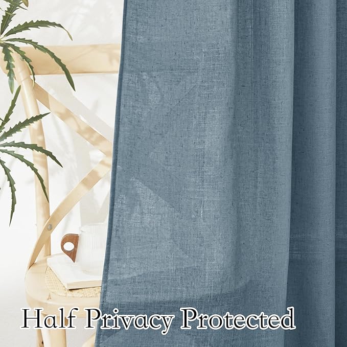 RYB HOME Sheer Curtains for Bedroom - Linen Textured Semi Sheer Window Backdrop Curtains Light Filtering Privacy Drapes for Office Dining Bathroom, Stone Blue, W 52 x L 72 inch, 2 Panels