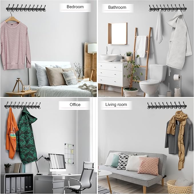 Coat Rack Wall Mount with 10 Tri Hooks, Stainless Steel 32 Inch – Black Matte Finish, Heavy Duty Wall Mounted Hook Rack for Coats, Hats, Towels, Scarfs, Robes, Bags, Entryway & Bathroom - 2 Pack