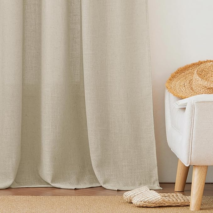 RYB HOME Sheer White Curtains - Natural Linen Semi Sheer Curtains Grommet Privacy Protection for Bedroom Living Room Large Window Decor, 100 x 108 inch Long, Beige
