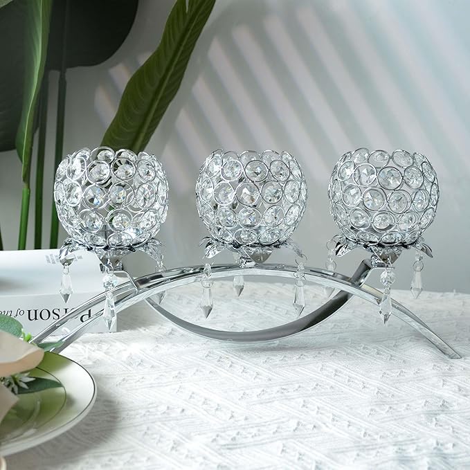 Set of 3 Gold Crystal Tea Light Candlestick Holders Flower Shape with Crystal Pendant Bowl Votive Metal Candle Holder for Table Centerpieces Wedding Home Decor (Silver, 3 arm)