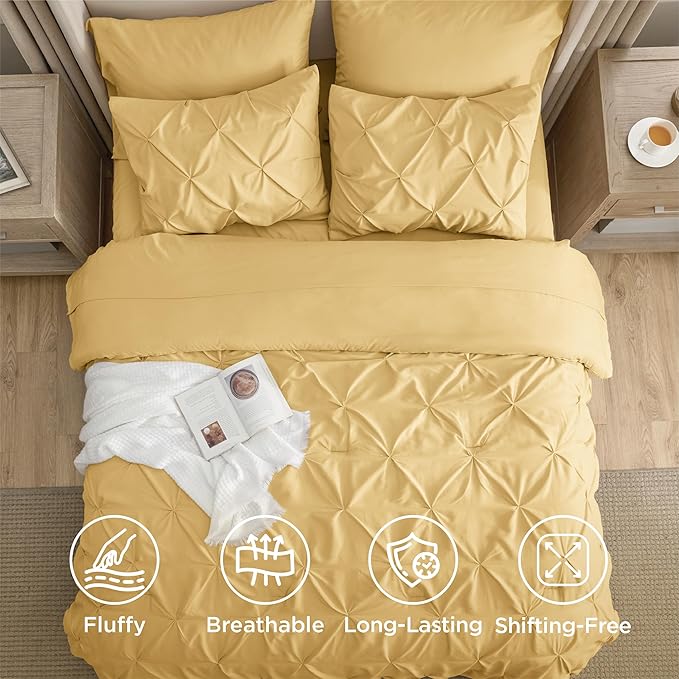 Bedsure California King Comforter Set Yellow - Bed in a Bag Cal King Bedding Set 7 Pieces, GentleSoft™ Pintuck Bed Set Gift for Family, Pinch Pleat Yellow Comforter with Sheets, Pillowcases & Shams