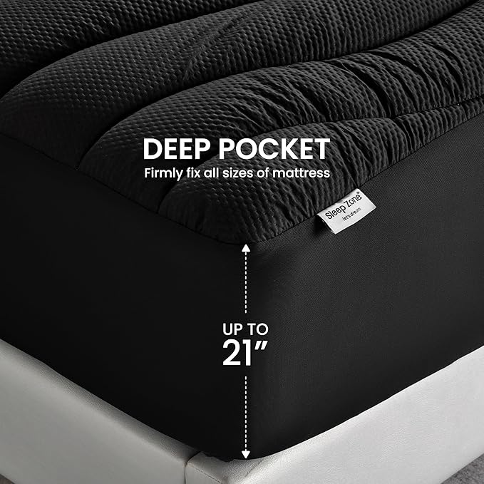 SLEEP ZONE King Size Cooling Mattress Topper, Premium Zoned Cool Mattress Pad Cover, Padded Mattress Protector Breathable Washable, Deep Pocket 8-21" (Black, King)