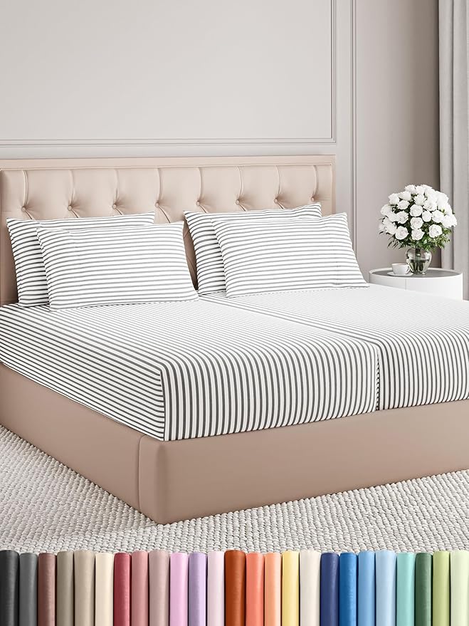 Split King 7 Piece Sheet Set - Comfy Breathable & Cooling - Soft Hotel Luxury Bedding Set w/ 8-16 Inch Deep Pockets - 1 Flat & 2 Fitted Sheet & 4 Pillowcases - Cozy and Wrinkle Free - Grey Stripes 2