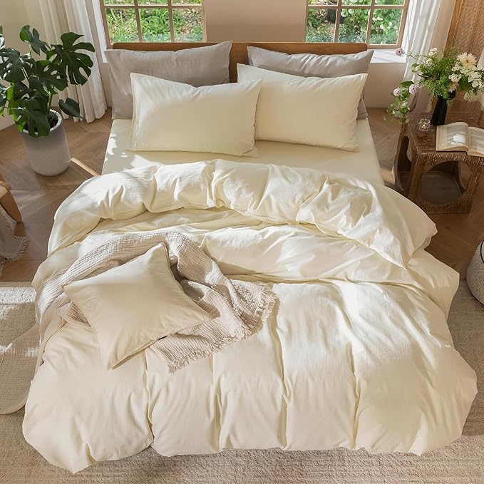 MooMee Bedding Duvet Cover Set 100% Washed Cotton Linen Like Textured Breathable Durable Soft Comfy (Solid Cream White, Oversized Queen 98"x98")