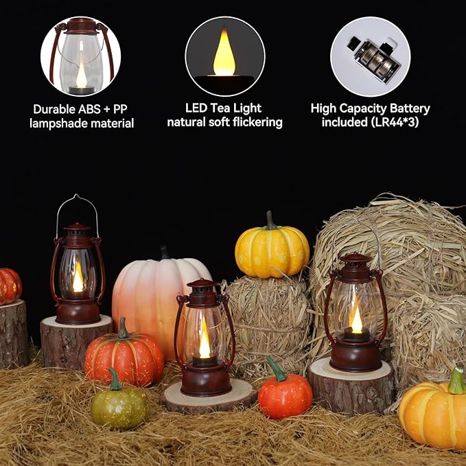 Red Painted Mini Lanterns 6-Pack - LED Flickering Candle Lanterns for Christmas & New Year, Valentine's, Wedding, Halloween & Western Party Decor, Table Centerpieces & Cowgirl Party Supplies