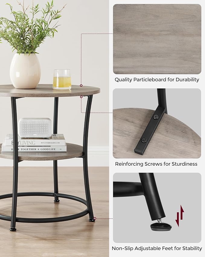 VASAGLE Side Table, 2-Tier Round End Table, Nightstand with Steel Frame for Small Spaces, Living Room, Bedroom, Heather Greige and Ink Black