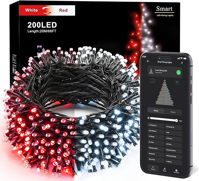 Brizled Smart Christmas Tree Lights, 66FT 200 LED Color Changing Christmas String Lights App & Voice Control, Dimmable Cool White & Red Xmas Light Music Sync for Indoor Outdoor Xmas Tree Wedding Party