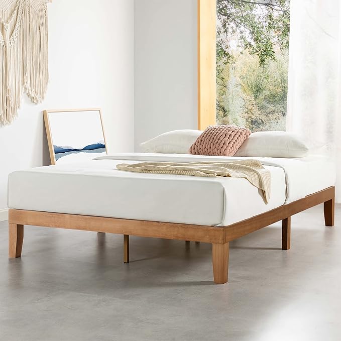 Mellow Naturalista Classic 12 Inch Solid Wood Platform Bed with Wooden Slats, Cal King, Natural Pine
