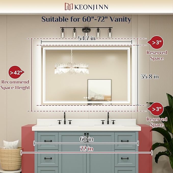 Keonjinn Bathroom LED Mirror 55" x 36" Front and Back Lights, Tempered Glass Stepless 3 Colors Temperature & Dimmable Large Wall Mirror, UL Listed LED Driver, Double Lighted Anti-Fog LED Vanity Mirror