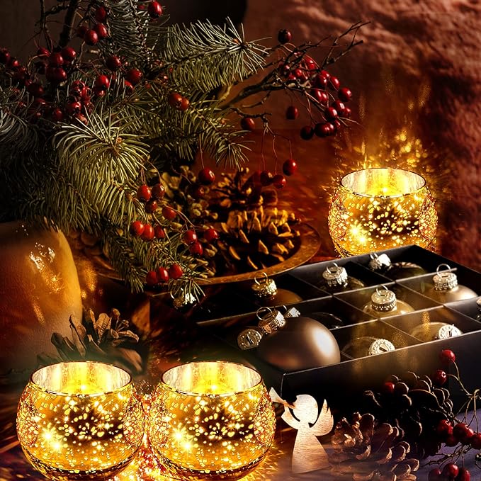 Rtteri 24 Set Votive Candle Holders Wedding Centerpiece Table Decorations Speckled Mercury Glass Votive Candle Holders with Tea Lights Birthday Party Decorations for Home (Gold)