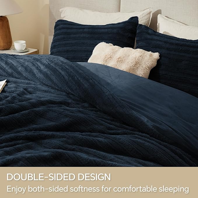 BEDELITE Fleece Queen Comforter Set -Super Soft & Warm Fluffy Navy Faux Fur Bedding, Luxury Fuzzy Heavy Bed Set for Winter with 2 Pillow Cases