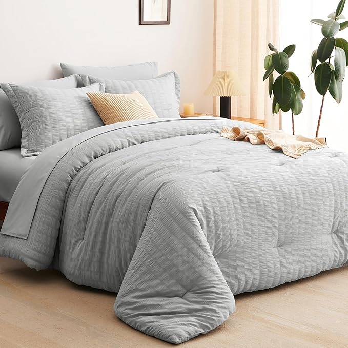 CozyLux King Size Comforter Set Light Grey Seersucker 7 Pieces Bed in a Bag King Comforter Set with Sheets, Luxury Bedding Set with Down Alternative Comforter, Sheets, Pillowcases & Shams All Seasons