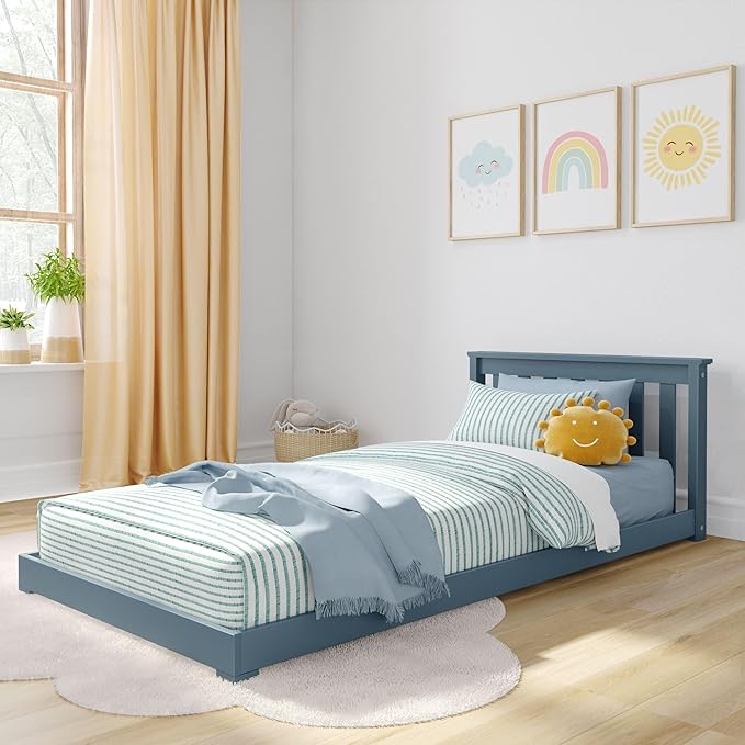 Max & Lily Classic Twin Floor Bed, 79.75 Inches, Solid Wood Low Bed Frame for Kids, Modern Floor Bed for Bedroom, Blue