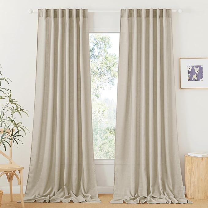 RYB HOME Linen Textured Curtains Semi Sheer Window Curtains Light Filtering Ariy Privacy Sheers for Bedroom Living Room Office Patio Door, Beige, 52 inch Wide x 108 inch Long, 2 Panels