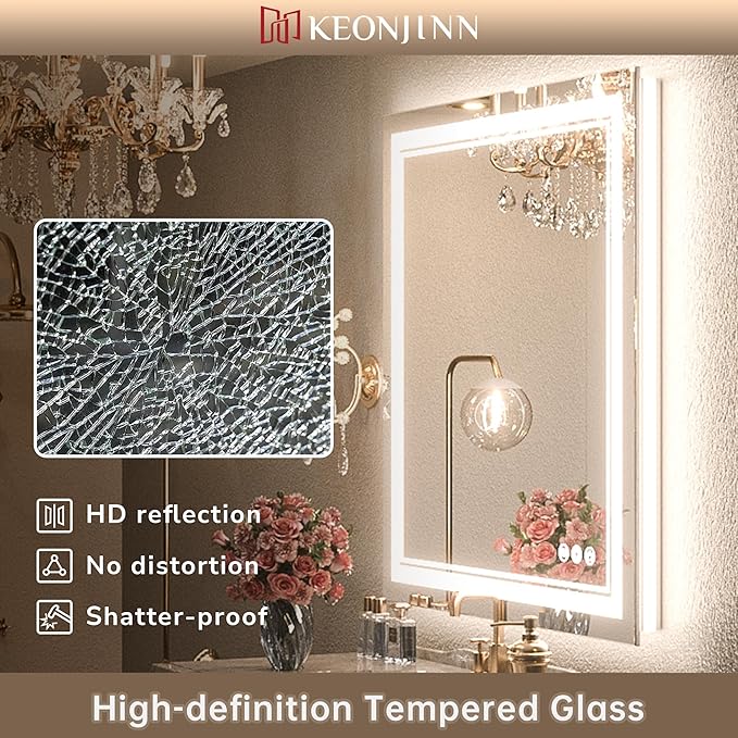 Keonjinn LED Bathroom Mirror 48" x 24" with Frontlit and Backlit, Stepless 3 Colors Temperature & Dimmable Wall Mirror, Tempered Glass, UL Listed LED Driver, Double LED Strips Lighted Vanity Mirror