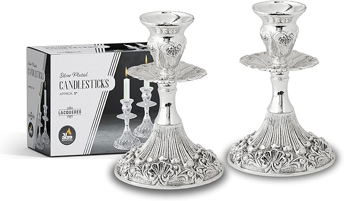 Silver Plated Candlesticks - 2 Pack Set - Pair of 5 Inch Ornate Candle Holders with Round Base and Floral Design