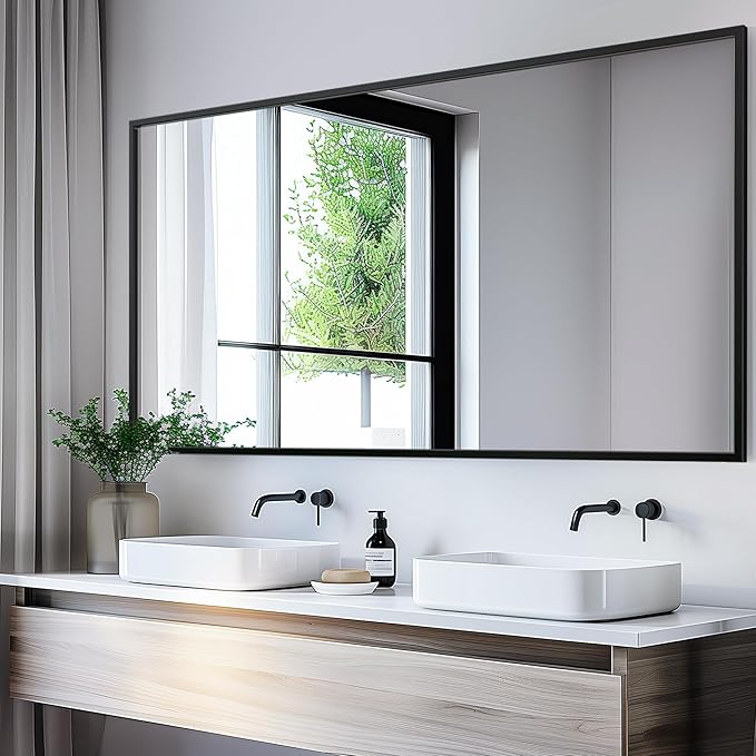Antok Bathroom Mirror,60"x30" Wall Mirror, Decorative Mirrors Vanity Mirror Aluminum Alloy Frame Contemporary Hanging Mirror for Living Room Bathroom Entryway,Black,Rect Corner