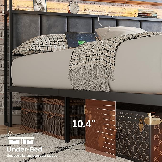 Twin Size Bed Frame with Charging Station and LED Lights, Metal Bed Frame with Headboard, Black Upholstered Headboard with 2-Tier Storage Shelves, Noise Free, No Box Spring Needed, Black