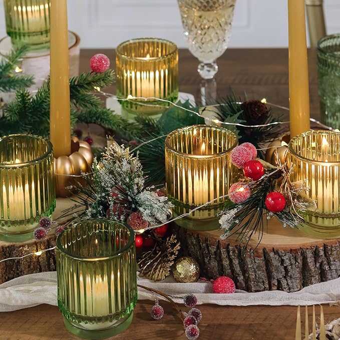 Kate Aspen Vintage Ribbed Glass Candle Holder Decor, Green Votive Candle Holders for Holiday Table Decor, Tealight Candles Holder Glass (Set of 6), Dinning & Christmas Table Decoration Tablescape