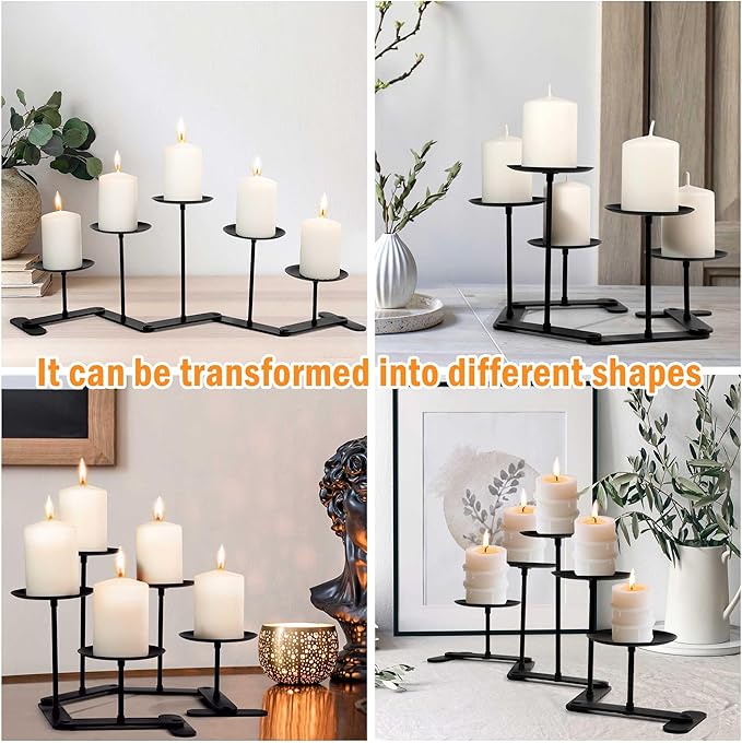 Adjustable Candelabra Candle Holder: 5 Candle Iron Candelabra Fireplace Candle Holder for Pillar Candles, Black