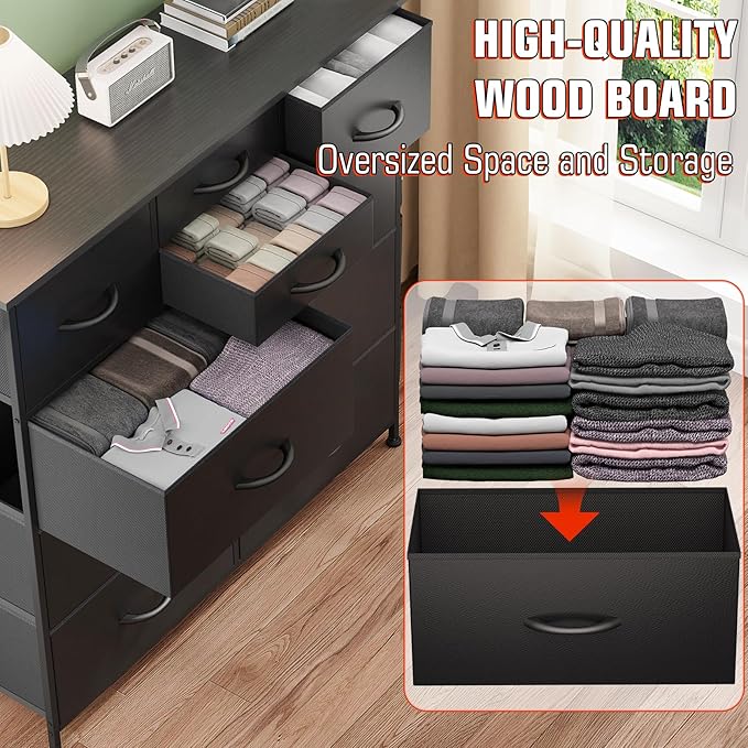 10 Drawer Dresser, Chest of Drawers for Bedroom, PU Dresser with Side Pockets, Hooks, Wooden Top and Sturdy Metal Frame for Living Room, Closet, Hallway (Black)
