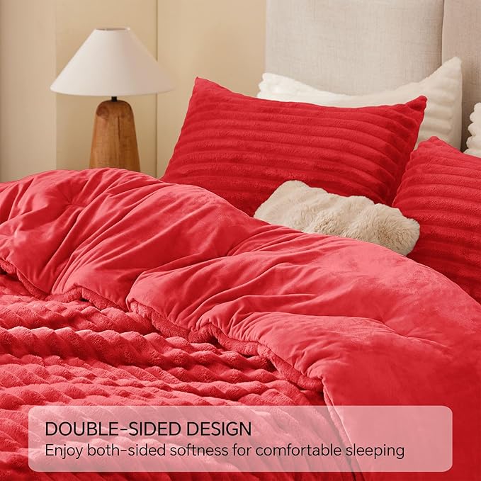 BEDELITE Fleece Queen Comforter Set -Super Soft & Warm Fluffy Red Bedding, Luxury Fuzzy Heavy Bed Set for Winter with 2 Pillow Cases