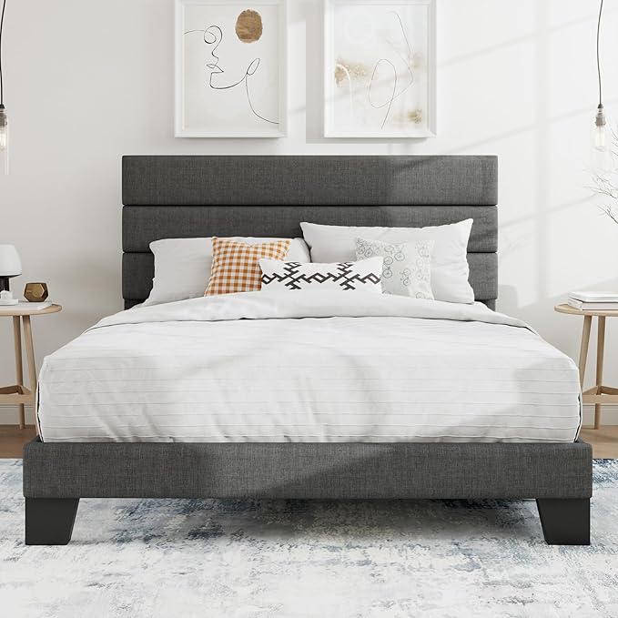 SHA CERLIN Full Platform Bed Frame with Upholstered Fabric Headboard, Mattress Foundation with Strong Wooden Slats Support, No Box Spring Needed, Grey