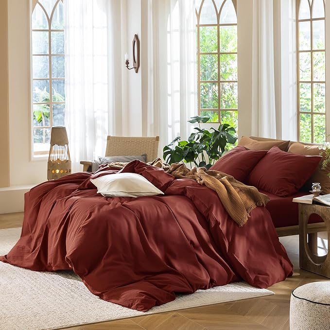 MooMee Bedding Duvet Cover Set 100% Washed Cotton Linen Like Textured Breathable Durable Soft Comfy (Solid Fired Brick Red, Cal King 104"x98")