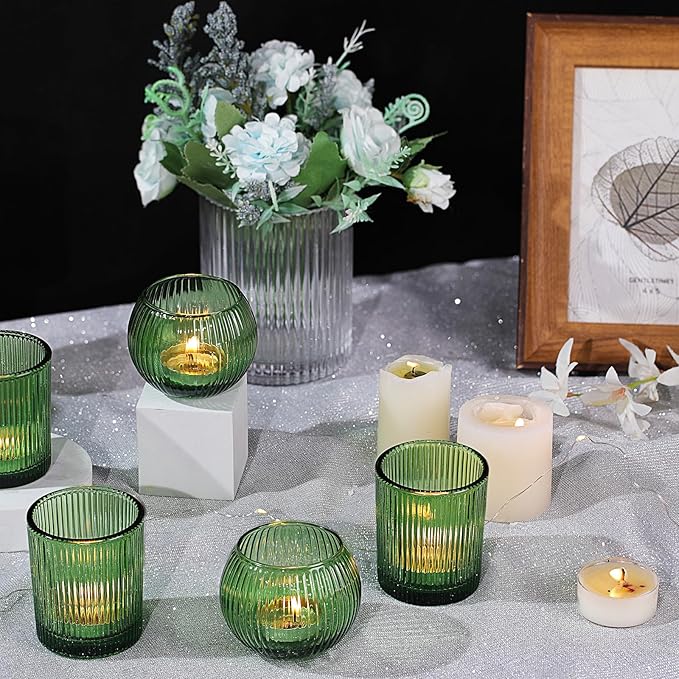 Green Votive Candle Holders Set of 10- Round Green Candle Holders Bulk, Glass Candle Holder for Wedding Home Decoration, Tea Lights Candle Holder for Bridal Shower, Party & Gift