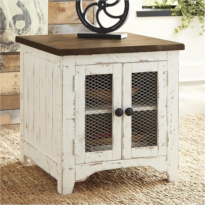 Signature Design by Ashley Wystfield Farmhouse End Table with Storage, Distressed White & Brown Finish