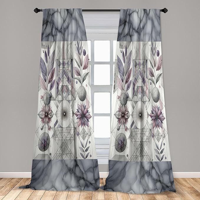Ambesonne Geometric Floral Window Curtains, Classic Marble Print Ornate Leafy Flowers and Futurist Stripes, Lightweight Decor 2-Panel Set with Rod Pocket, Pair of - 28" x 63", Ceil Blue Laurel Green