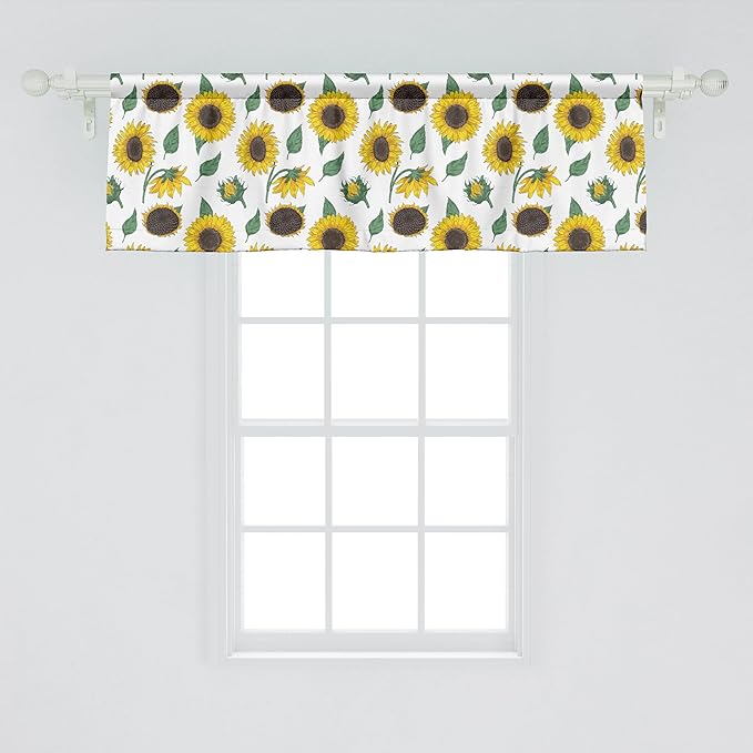 Ambesonne Sunflower Window Valance Pack of 2, Agricultural Pattern Botanical Inspiration Hand-Drawn Flowers, Rod Pocket Curtain Valances for Kitchen Bedroom, 42" X 18", Reseda Green Dark Brown