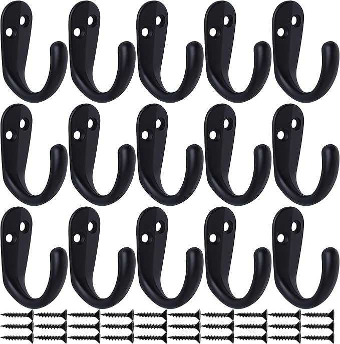 IBosins 15PCS Coat Hooks Wall Mounted Single Prong Robe Hook for Hanging Towel Hooks with 30 Screws for Bags, Hat, Cap, Scarf, Cup (Black)