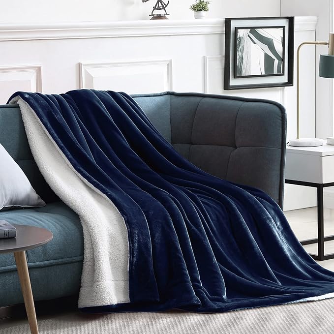 Walensee Sherpa Fleece Blanket (Throw Size 50”x60” Navy) Plush Throw Fuzzy Super Soft Reversible Microfiber Flannel Blankets for Couch, Bed, Sofa Ultra Luxurious Warm and Cozy for All Seasons