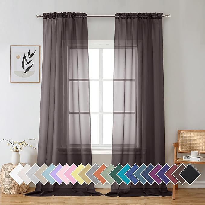 Aiyufeng Chocolate Brown Sheer Curtains 96 Inches Long 2 Panels, Solid Voile Rod Pockets Stylish Breathable Drapes Window Treatment for Kid's Room/Bedroom/Living Room, 42W x 96L, Chocolate Brown