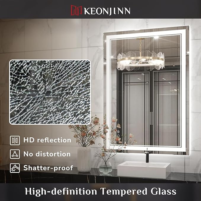 Keonjinn LED Mirror 24 x 32 Inch, Lighted Bathroom Vanity Mirror for Wall, Fronlit Only, HD Tempered Glass, UL-Listed LED Driver, Anti-Fog, Dimmale 6000K, Easy Installation(Horizontal/Vertical)