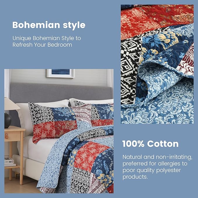 Secgo California King Comforter Set for Bed - 100% Cotton Quilts Cal King Size, Black Bedspreads (120 * 110 Inch) with 2 Pillow Shams, Patchwork Reversible Lightweight Bedding