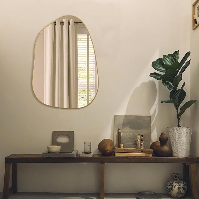 PERFNIQUE Irregular Wall Mirror Asymmetrical Mirror, 27''x19'' Gold Mirror for Bathroom Bedroom Living Room Entryway, Decorative Modern Wall Decor, Wall Mounted Mirror (Gold, 27''x19'')