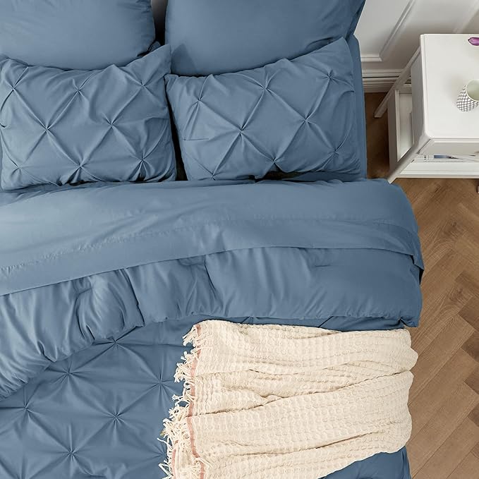Bedsure Twin Comforter Set Mineral Blue - Bed in a Bag Twin Size Bedding 5 Pieces, GentleSoft™ Pintuck Bed Set Gift for Family, Pinch Pleat Mineral Blue Comforter with Sheets, Pillowcase & Sham