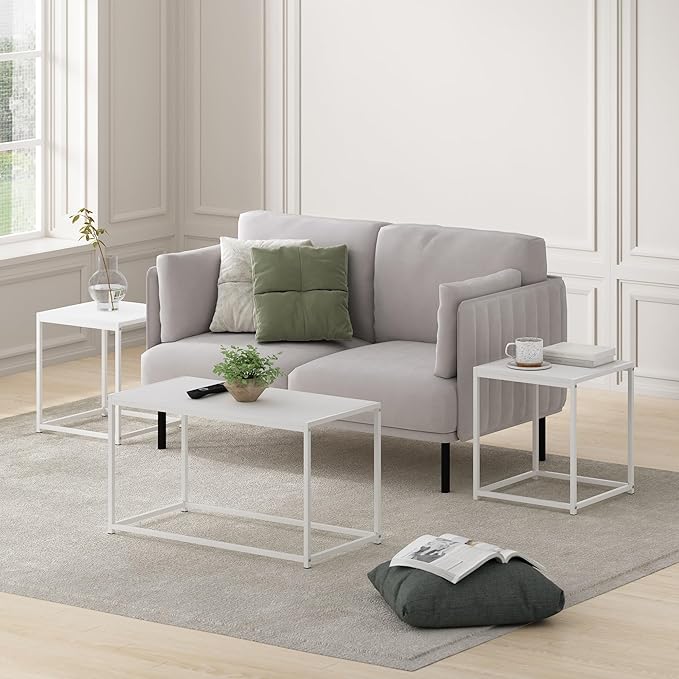Furinno CAMNUS Living Room Tables Set of 3, Coffee Table with 2 End Tables, Side Tables, for Living Room, White
